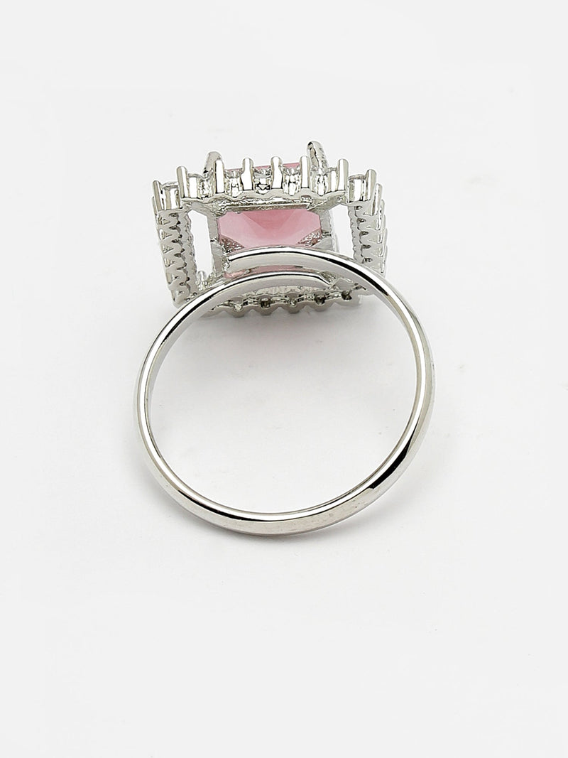 Rhodium Plated Silver Toned Square Shaped Pink American Diamond Studded Pendant Combo With Ring