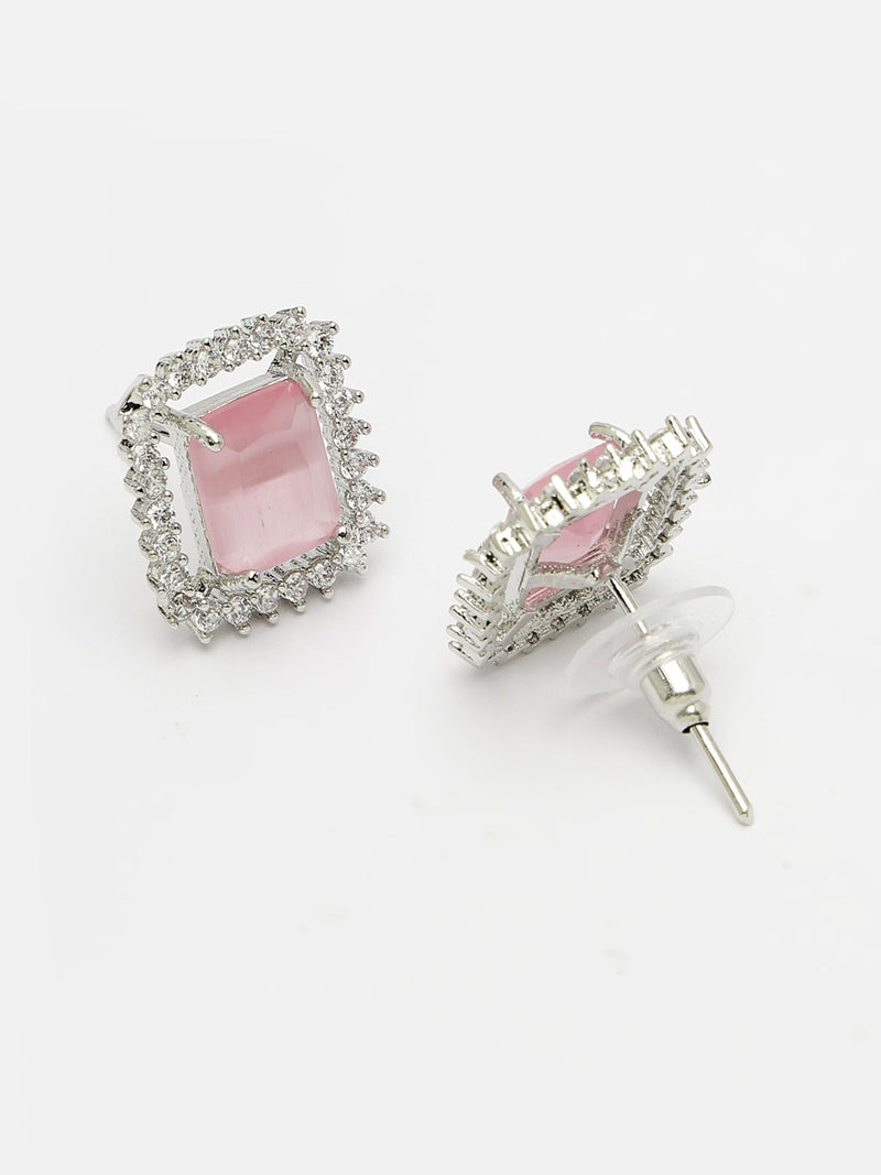 Rhodium Plated Silver Toned Square Shaped Pink American Diamond Studded Pendant Combo With Ring