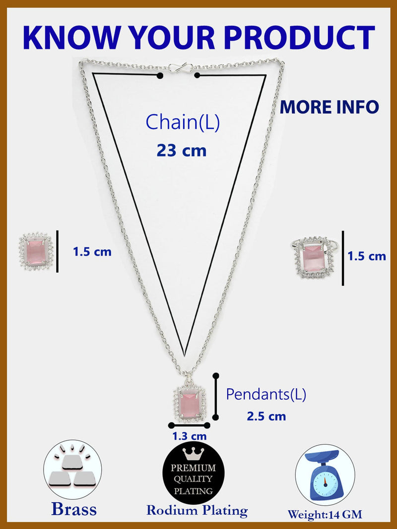 Rhodium Plated Silver Toned Square Shaped Pink American Diamond Studded Pendant Combo With Ring