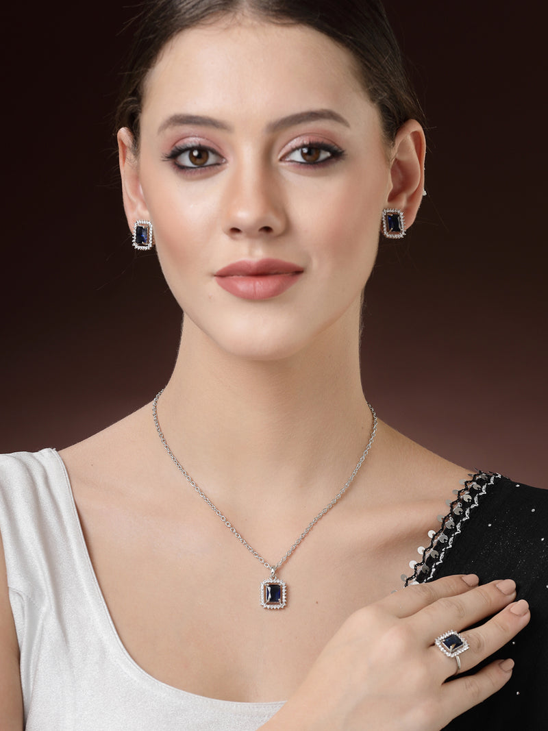 Rhodium Plated Silver Toned Square Shaped Royal Blue American Diamond Studded Pendant Combo With Ring