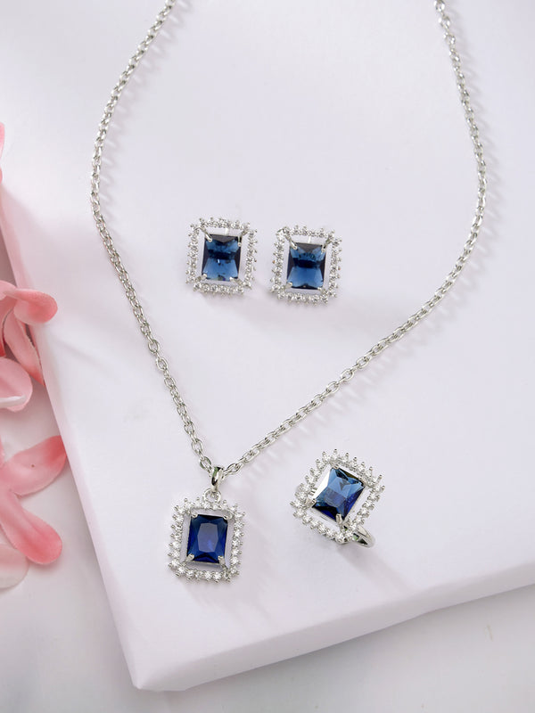 Rhodium Plated Silver Toned Square Shaped Royal Blue American Diamond Studded Pendant Combo With Ring