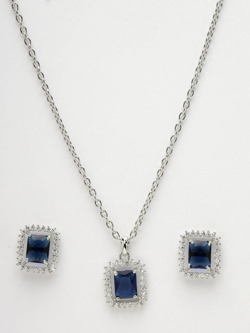 Rhodium Plated Silver Toned Square Shaped Royal Blue American Diamond Studded Pendant Combo With Ring