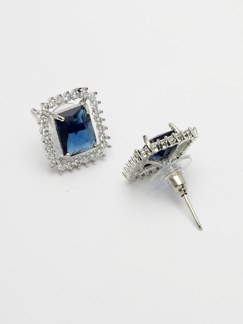 Rhodium Plated Silver Toned Square Shaped Royal Blue American Diamond Studded Pendant Combo With Ring