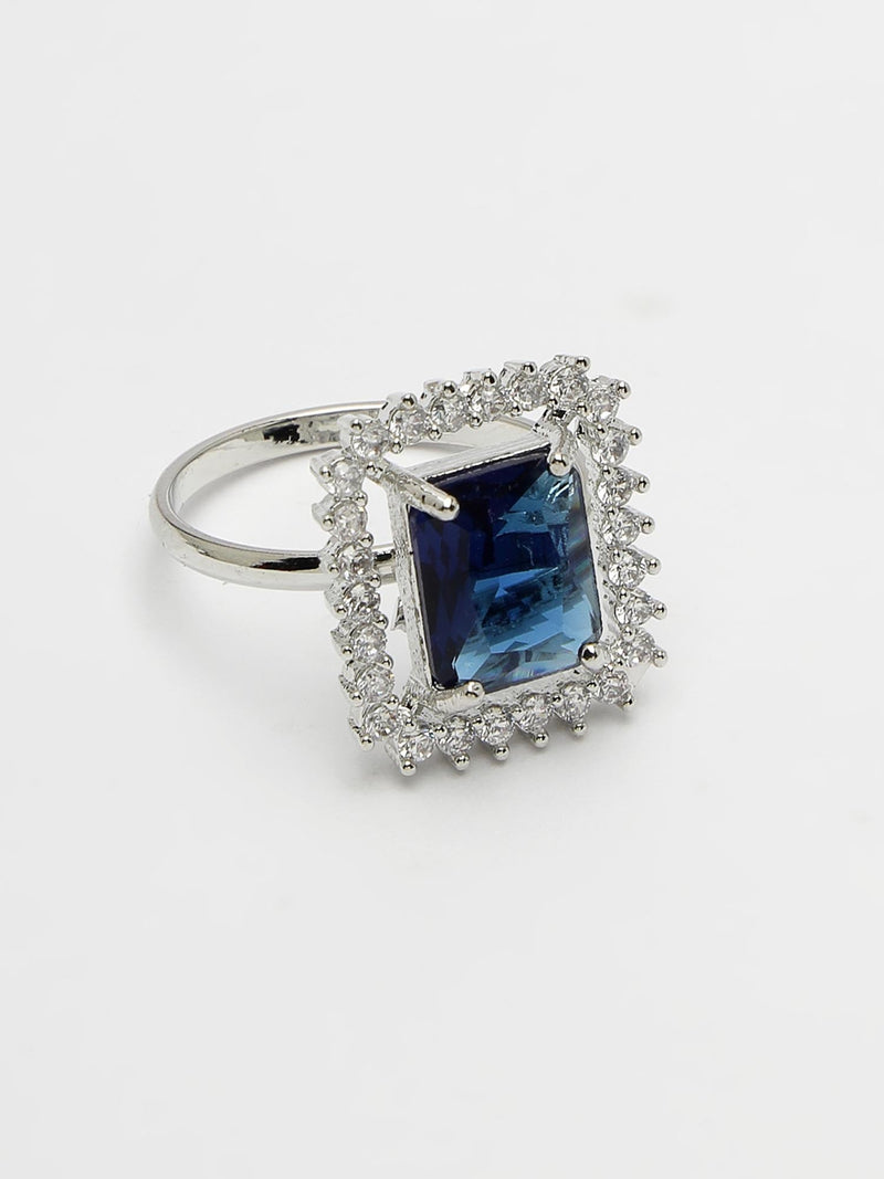 Rhodium Plated Silver Toned Square Shaped Royal Blue American Diamond Studded Pendant Combo With Ring