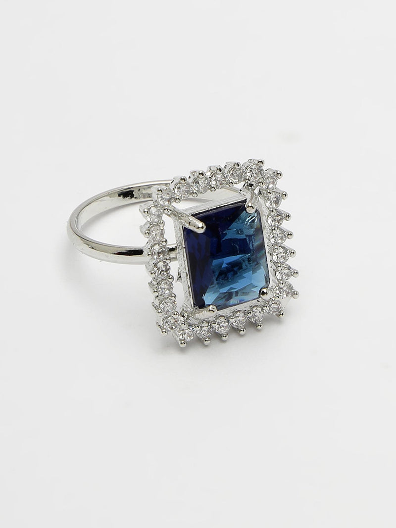 Rhodium Plated Silver Toned Square Shaped Royal Blue American Diamond Studded Pendant Combo With Ring