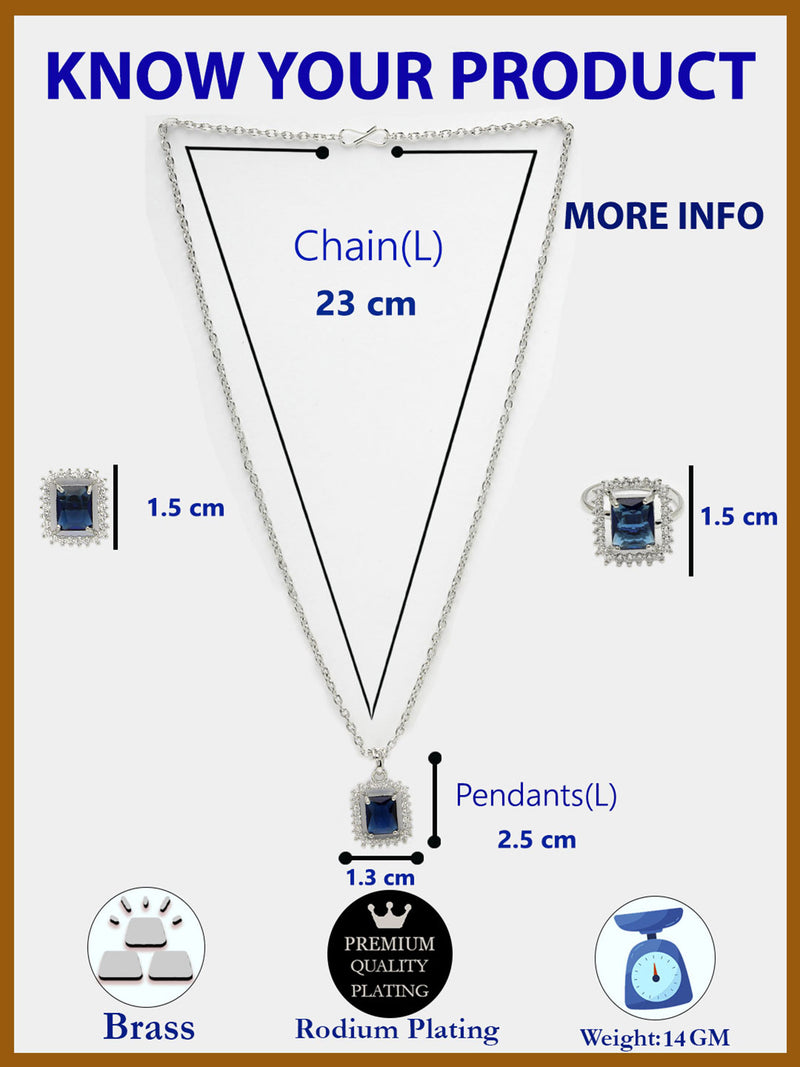 Rhodium Plated Silver Toned Square Shaped Royal Blue American Diamond Studded Pendant Combo With Ring