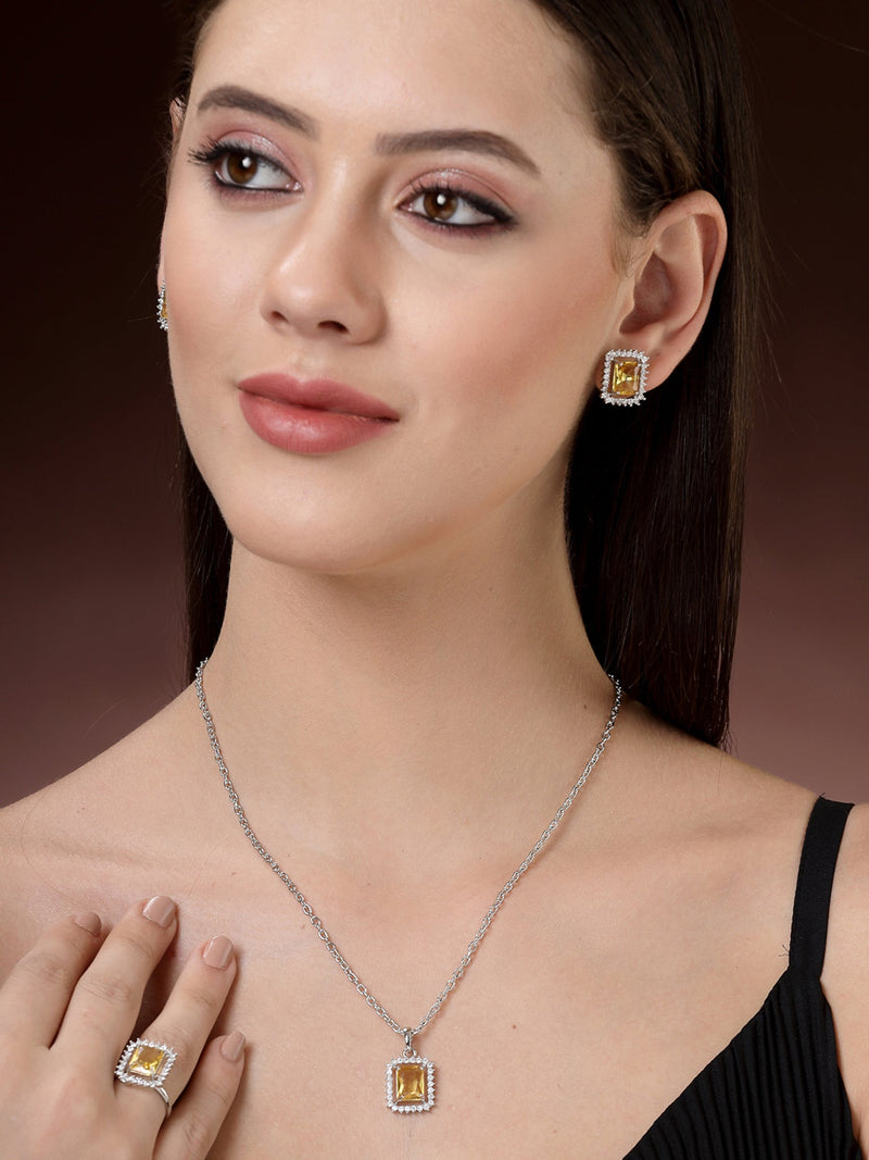 Rhodium Plated Silver Toned Yellow Square Shaped American Diamond Studded Pendant Combo With Ring