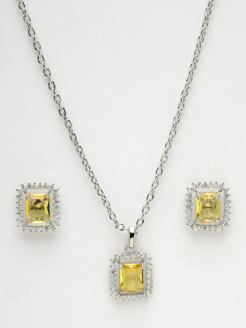Rhodium Plated Silver Toned Yellow Square Shaped American Diamond Studded Pendant Combo With Ring