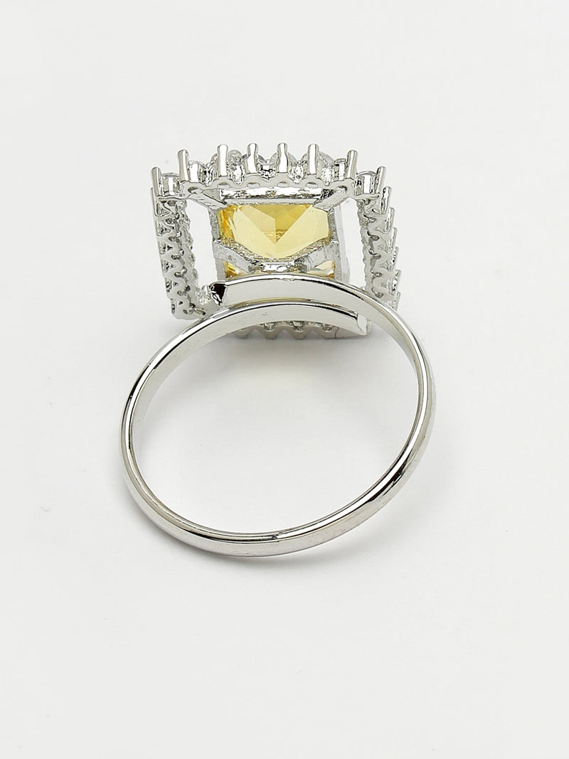 Rhodium Plated Silver Toned Yellow Square Shaped American Diamond Studded Pendant Combo With Ring