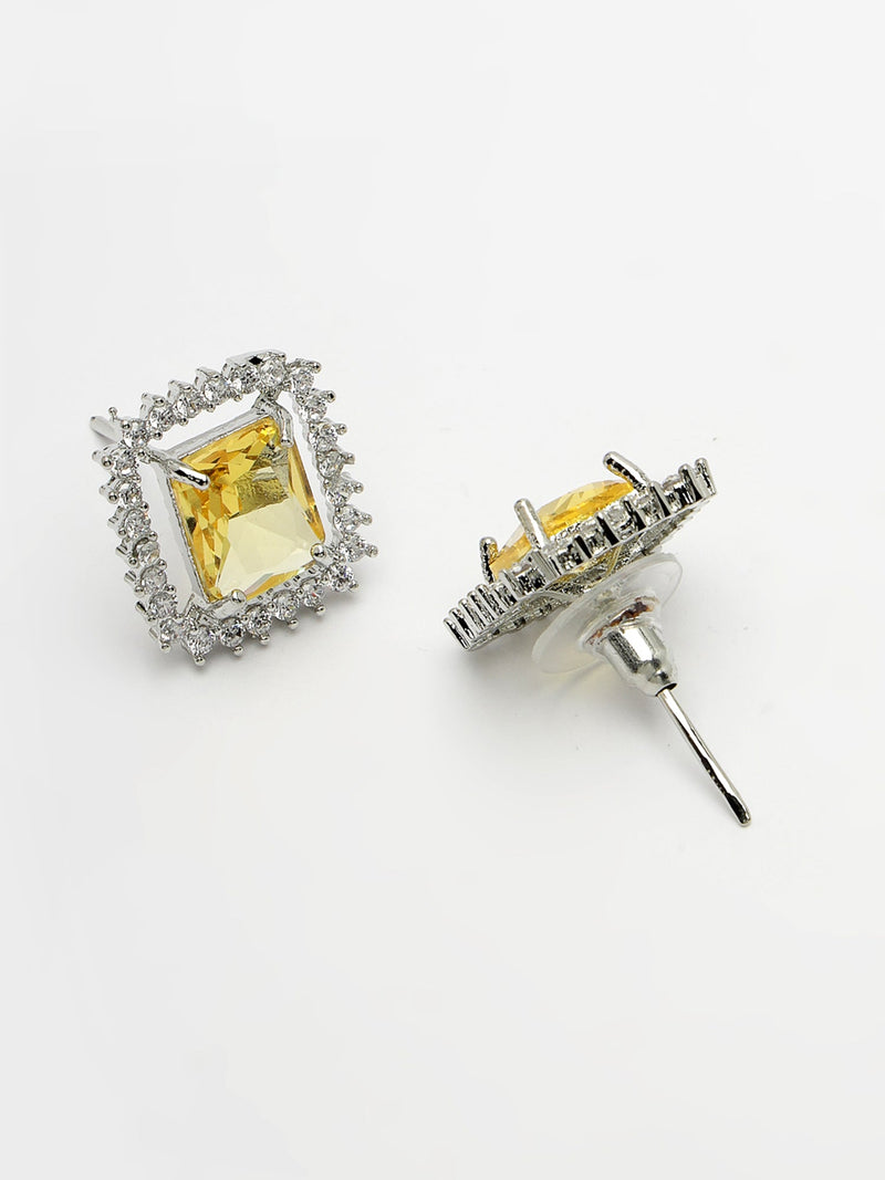 Rhodium Plated Silver Toned Yellow Square Shaped American Diamond Studded Pendant Combo With Ring