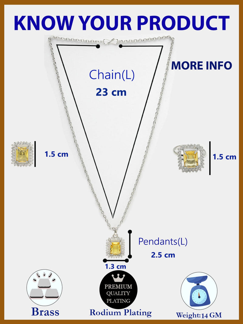 Rhodium Plated Silver Toned Yellow Square Shaped American Diamond Studded Pendant Combo With Ring