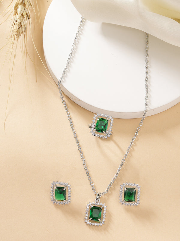 Rhodium Plated Silver Toned Emerald Square Shaped American Diamond Studded Pendant Combo With Ring