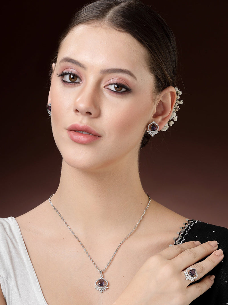 Rhodium Plated Silver Toned Violet Tear dropped  Shaped American Diamond Studded Pendant Combo With Ring