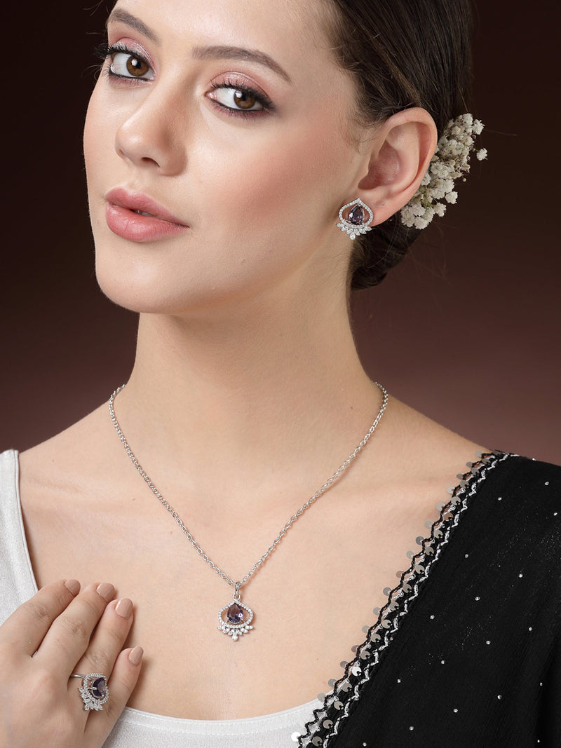 Rhodium Plated Silver Toned Violet Tear dropped  Shaped American Diamond Studded Pendant Combo With Ring