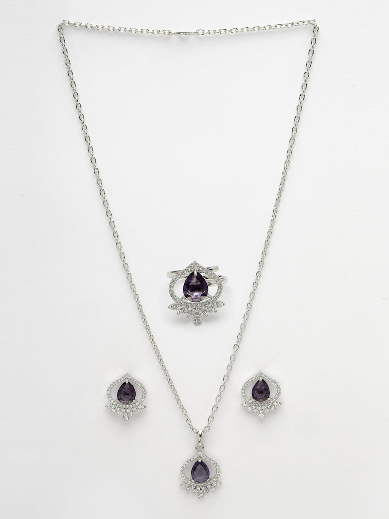 Rhodium Plated Silver Toned Violet Tear dropped  Shaped American Diamond Studded Pendant Combo With Ring