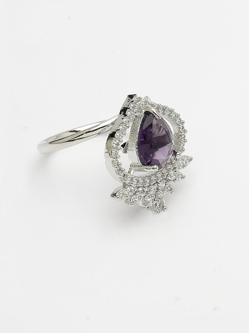 Rhodium Plated Silver Toned Violet Tear dropped  Shaped American Diamond Studded Pendant Combo With Ring