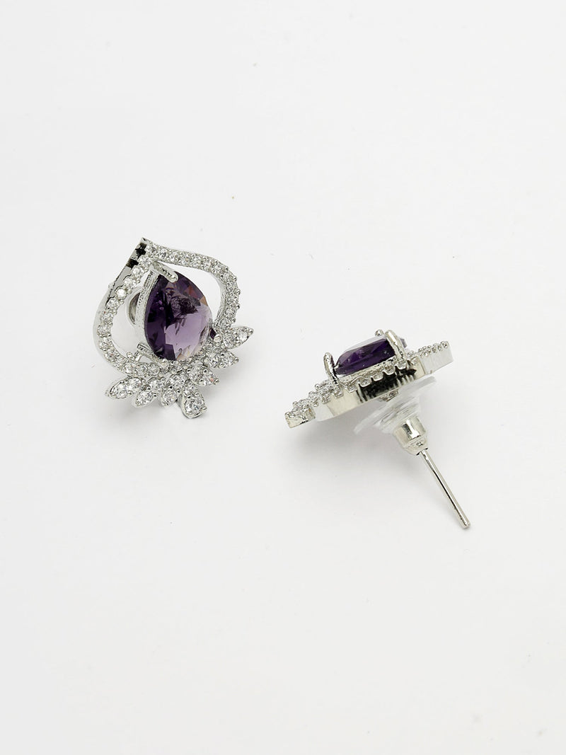 Rhodium Plated Silver Toned Violet Tear dropped  Shaped American Diamond Studded Pendant Combo With Ring