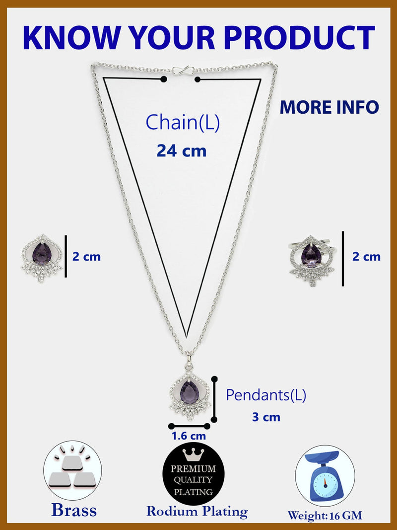 Rhodium Plated Silver Toned Violet Tear dropped  Shaped American Diamond Studded Pendant Combo With Ring