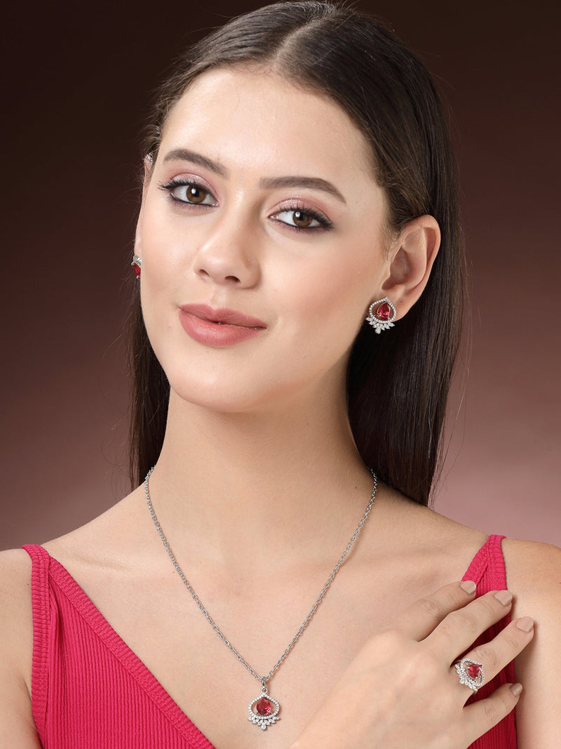 Rhodium Plated Silver Toned Ruby Red Tear dropped  Shaped American Diamond Studded Pendant Combo With Ring