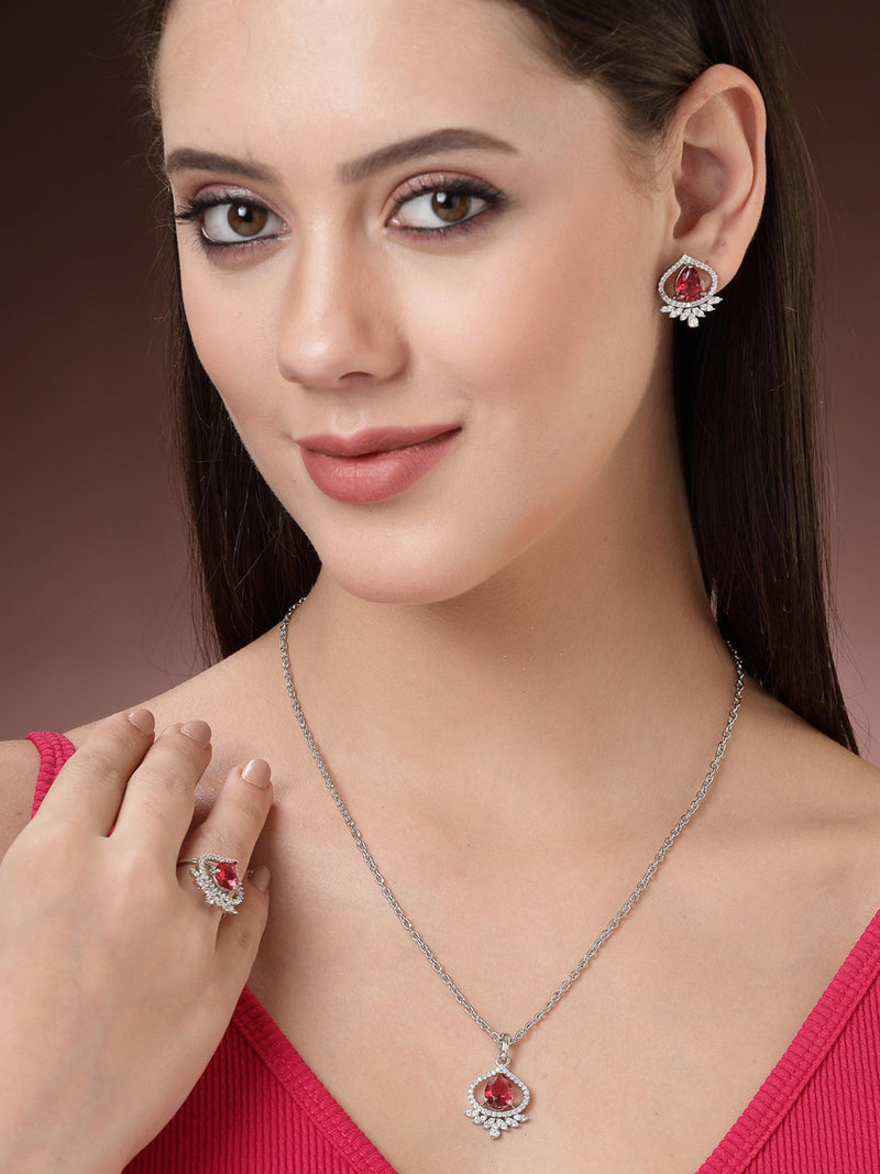 Rhodium Plated Silver Toned Ruby Red Tear dropped  Shaped American Diamond Studded Pendant Combo With Ring