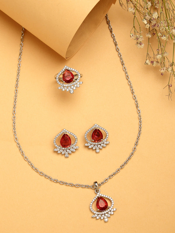 Rhodium Plated Silver Toned Ruby Red Tear dropped  Shaped American Diamond Studded Pendant Combo With Ring