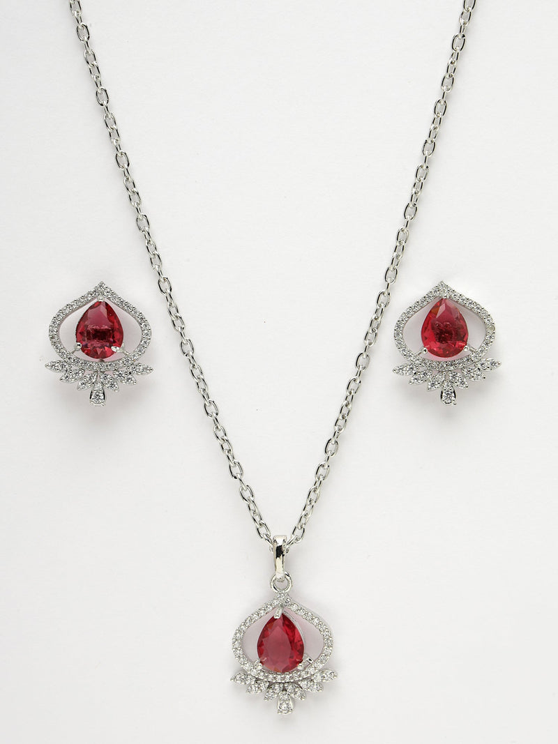 Rhodium Plated Silver Toned Ruby Red Tear dropped  Shaped American Diamond Studded Pendant Combo With Ring