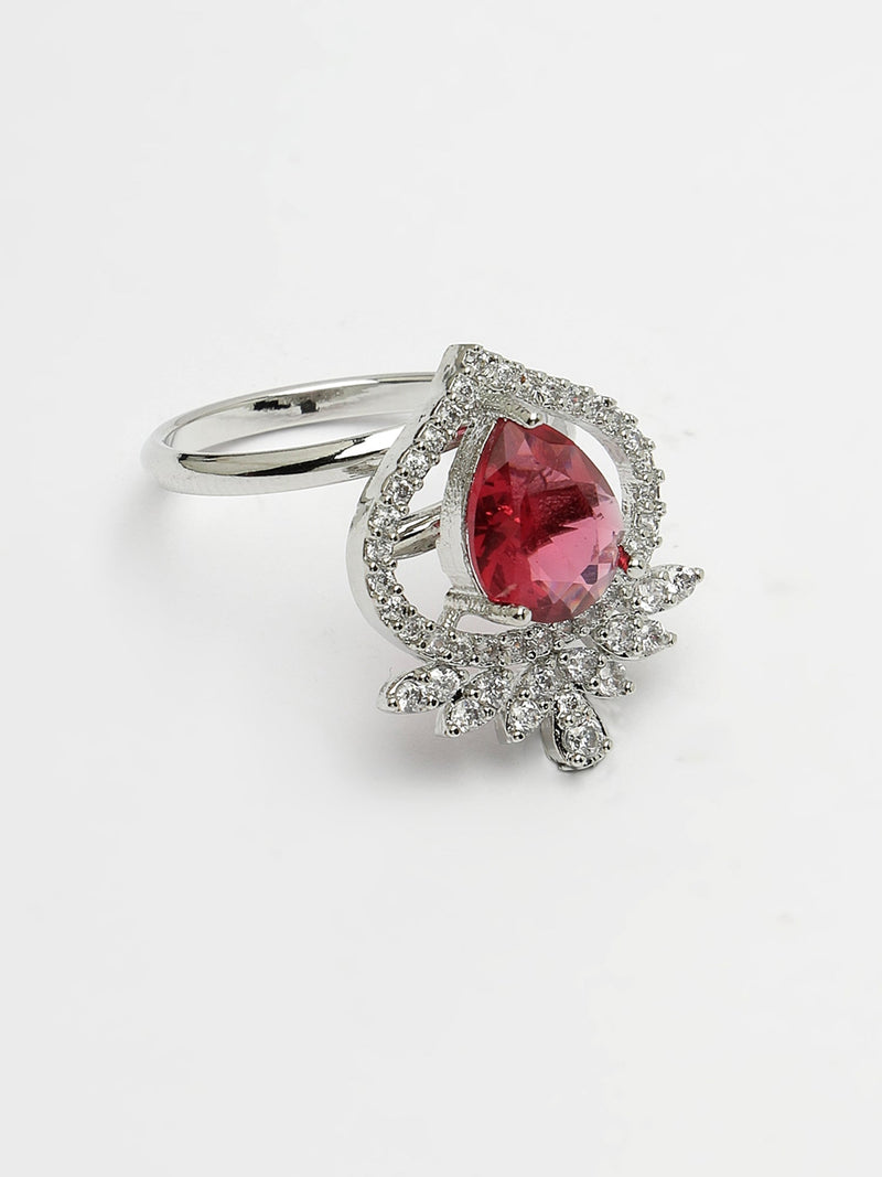 Rhodium Plated Silver Toned Ruby Red Tear dropped  Shaped American Diamond Studded Pendant Combo With Ring