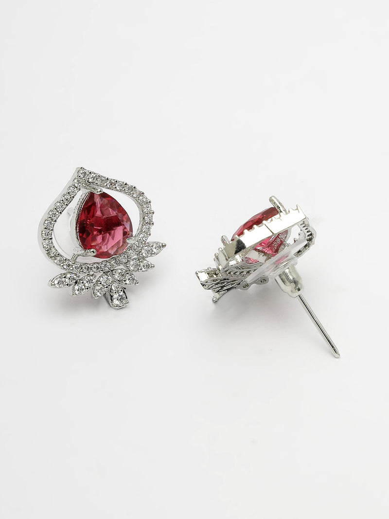 Rhodium Plated Silver Toned Ruby Red Tear dropped  Shaped American Diamond Studded Pendant Combo With Ring