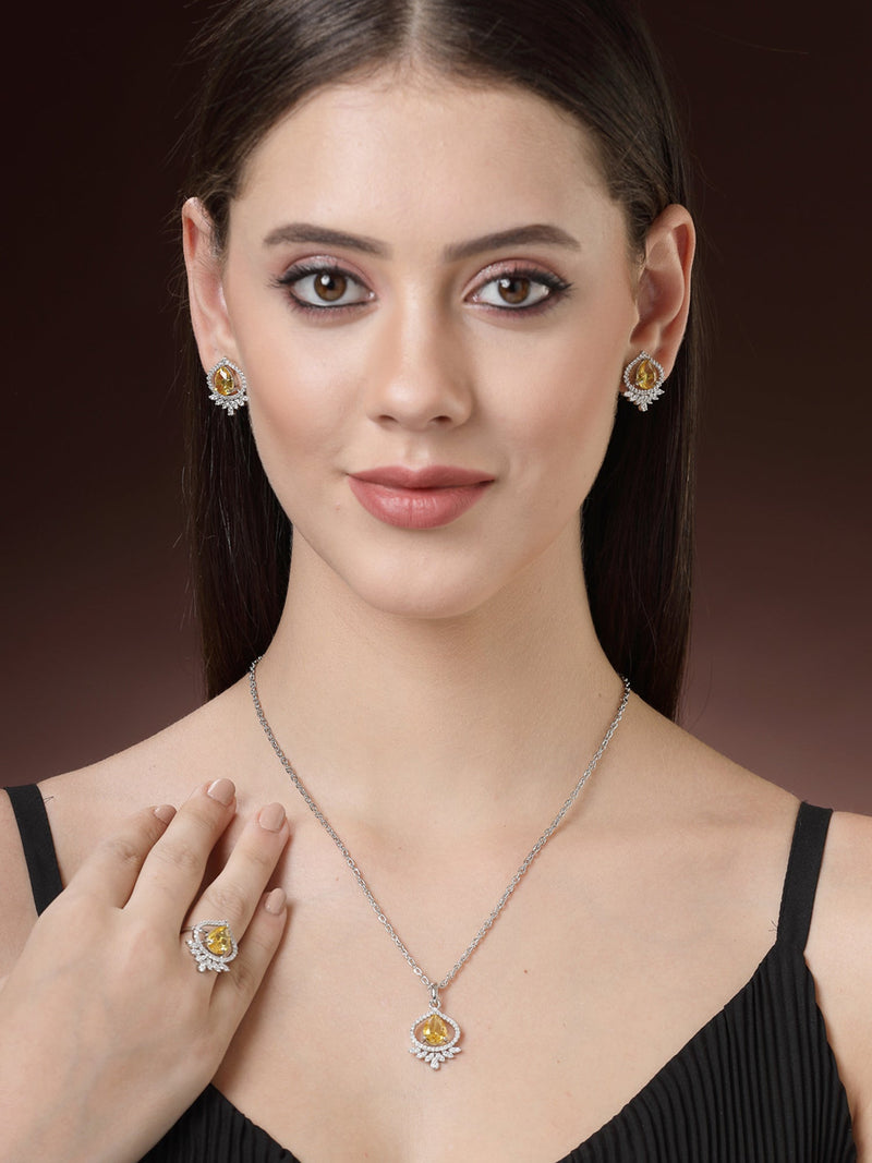 Rhodium Plated Silver Toned Yellow Tear dropped Shaped American Diamond Studded Pendant Combo With Ring