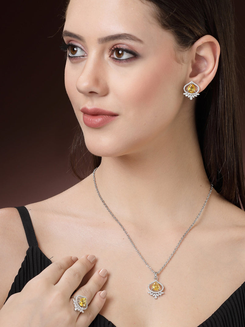 Rhodium Plated Silver Toned Yellow Tear dropped Shaped American Diamond Studded Pendant Combo With Ring