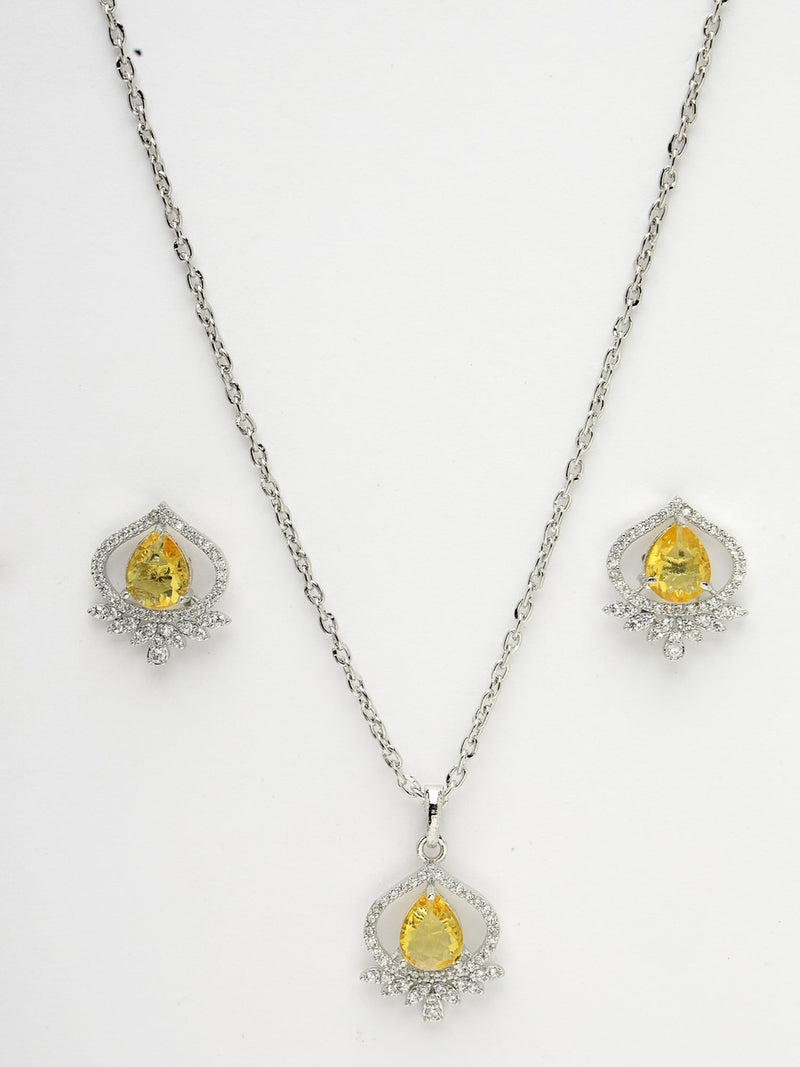 Rhodium Plated Silver Toned Yellow Tear dropped Shaped American Diamond Studded Pendant Combo With Ring