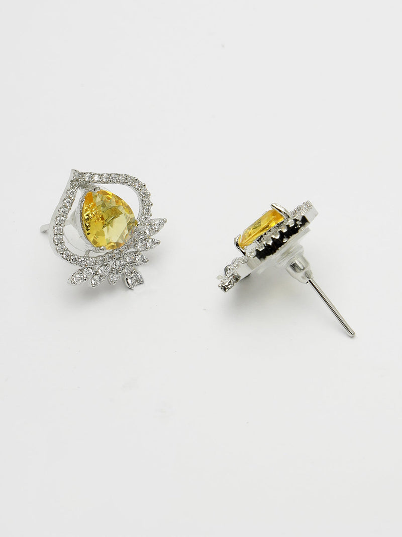 Rhodium Plated Silver Toned Yellow Tear dropped Shaped American Diamond Studded Pendant Combo With Ring