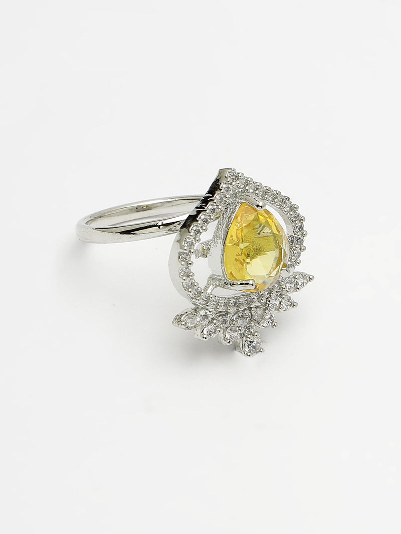Rhodium Plated Silver Toned Yellow Tear dropped Shaped American Diamond Studded Pendant Combo With Ring