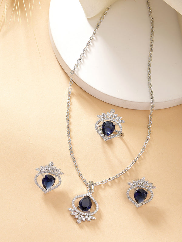 Rhodium Plated Silver Toned Royal Blue Tear dropped  Shaped American Diamond Studded Pendant Combo With Ring