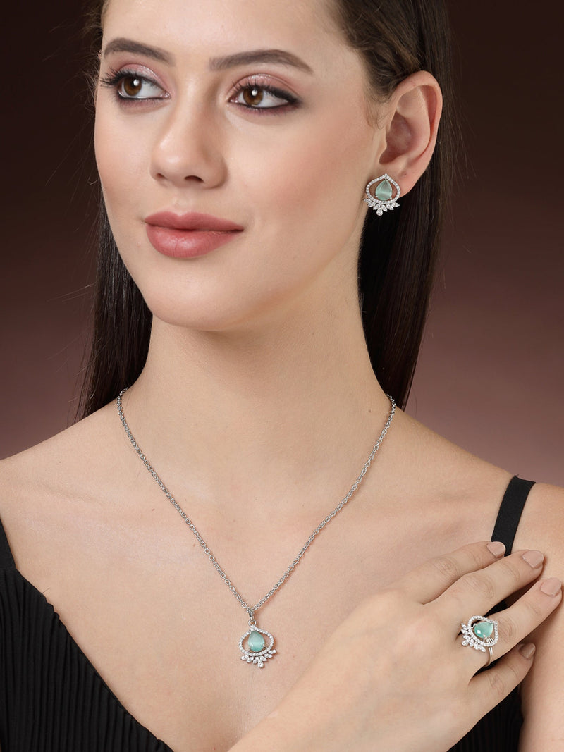 Rhodium Plated Silver Toned Sea Blue Tear Dropped Shaped American Diamond Studded Pendant Combo With Ring