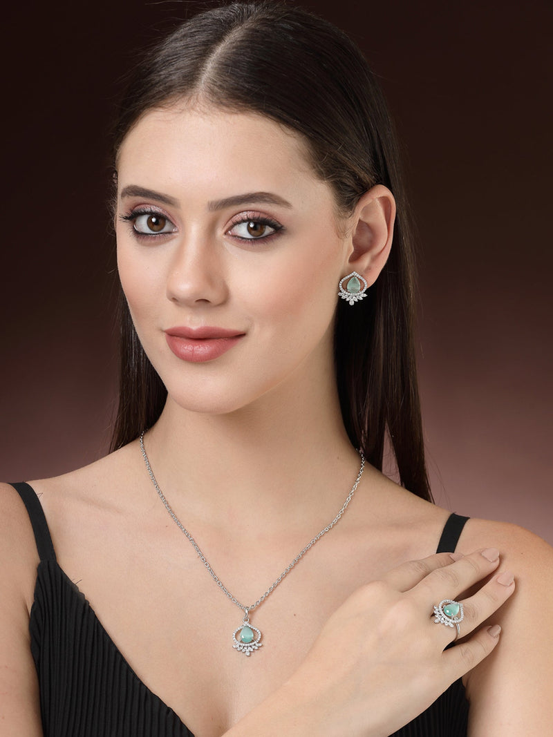 Rhodium Plated Silver Toned Sea Blue Tear Dropped Shaped American Diamond Studded Pendant Combo With Ring