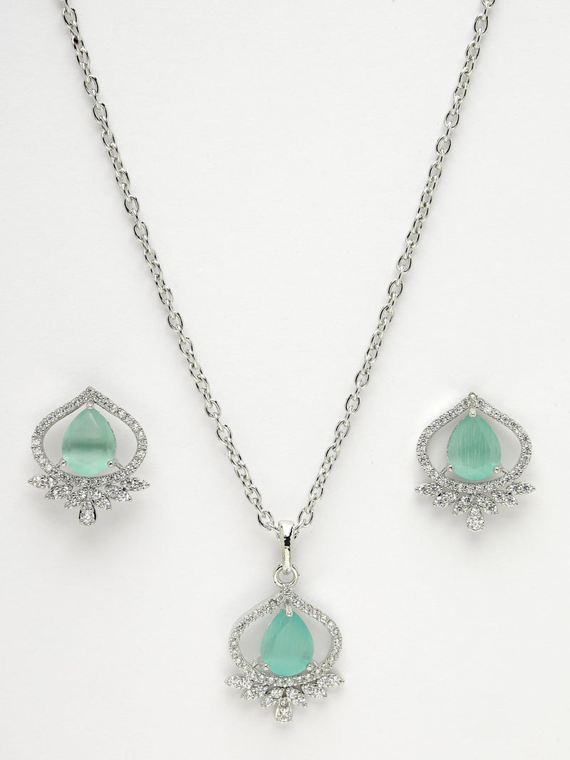 Rhodium Plated Silver Toned Sea Blue Tear Dropped Shaped American Diamond Studded Pendant Combo With Ring