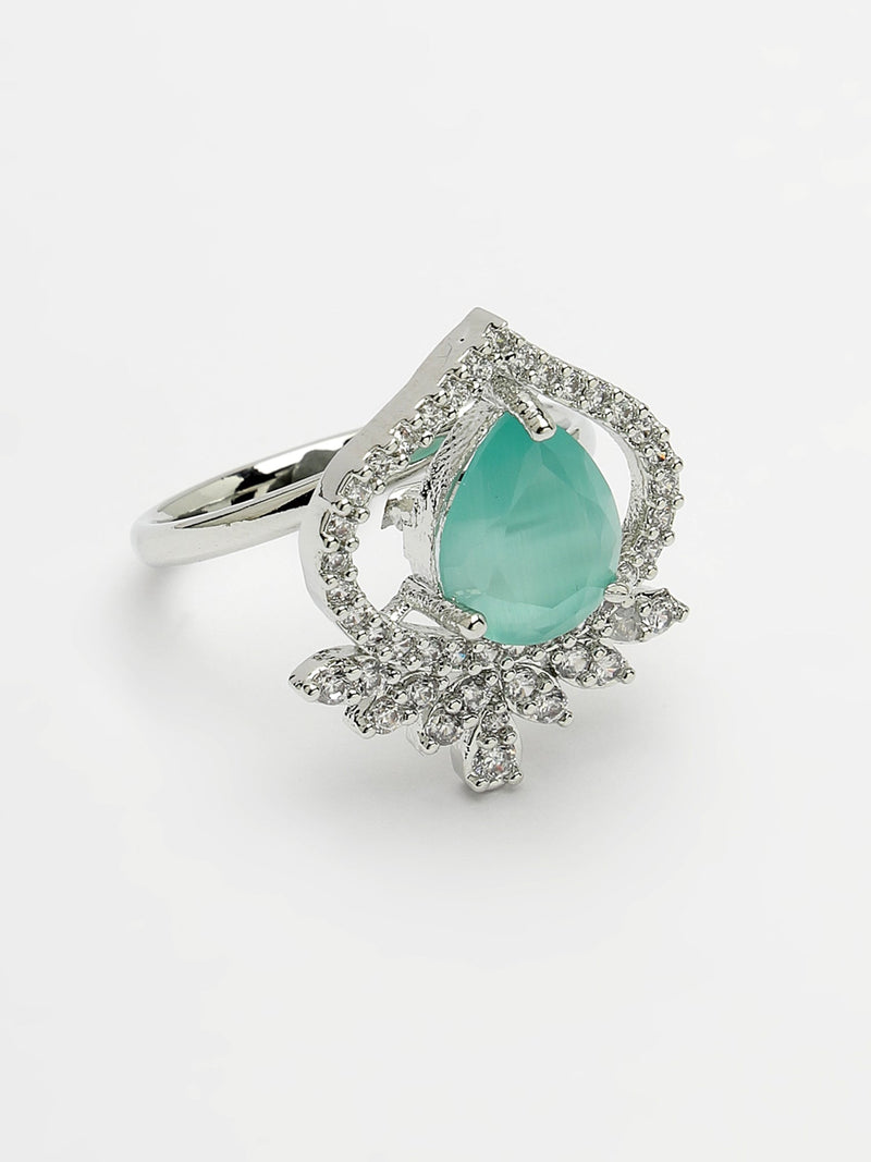 Rhodium Plated Silver Toned Sea Blue Tear Dropped Shaped American Diamond Studded Pendant Combo With Ring