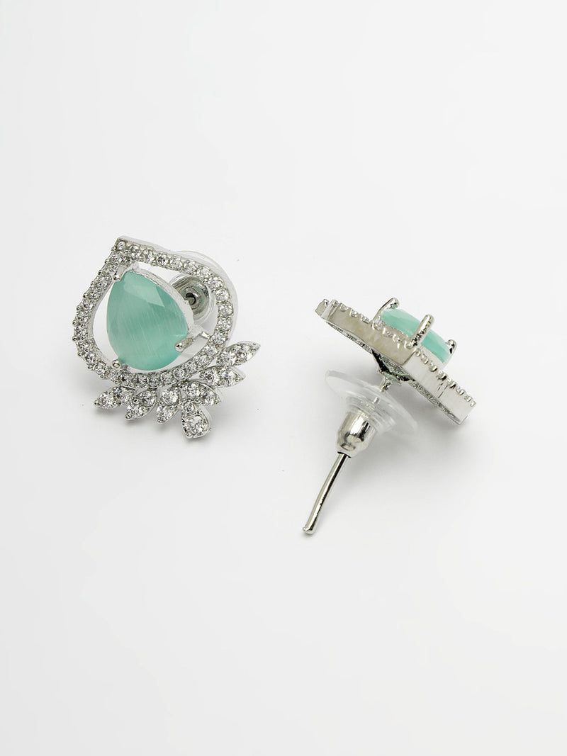 Rhodium Plated Silver Toned Sea Blue Tear Dropped Shaped American Diamond Studded Pendant Combo With Ring
