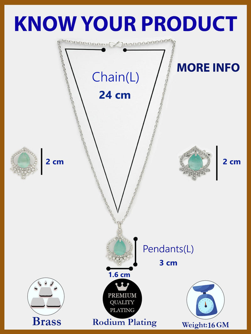 Rhodium Plated Silver Toned Sea Blue Tear Dropped Shaped American Diamond Studded Pendant Combo With Ring