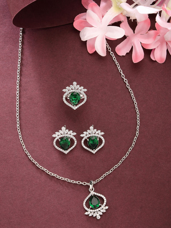 Rhodium Plated Silver Toned Green Tear Dropped  Shaped American Diamond Studded Pendant Combo With Ring