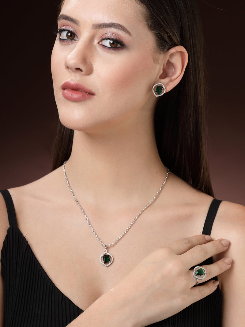 Rhodium Plated Silver Toned Green American Diamond Studded Pendant Combo With Ring