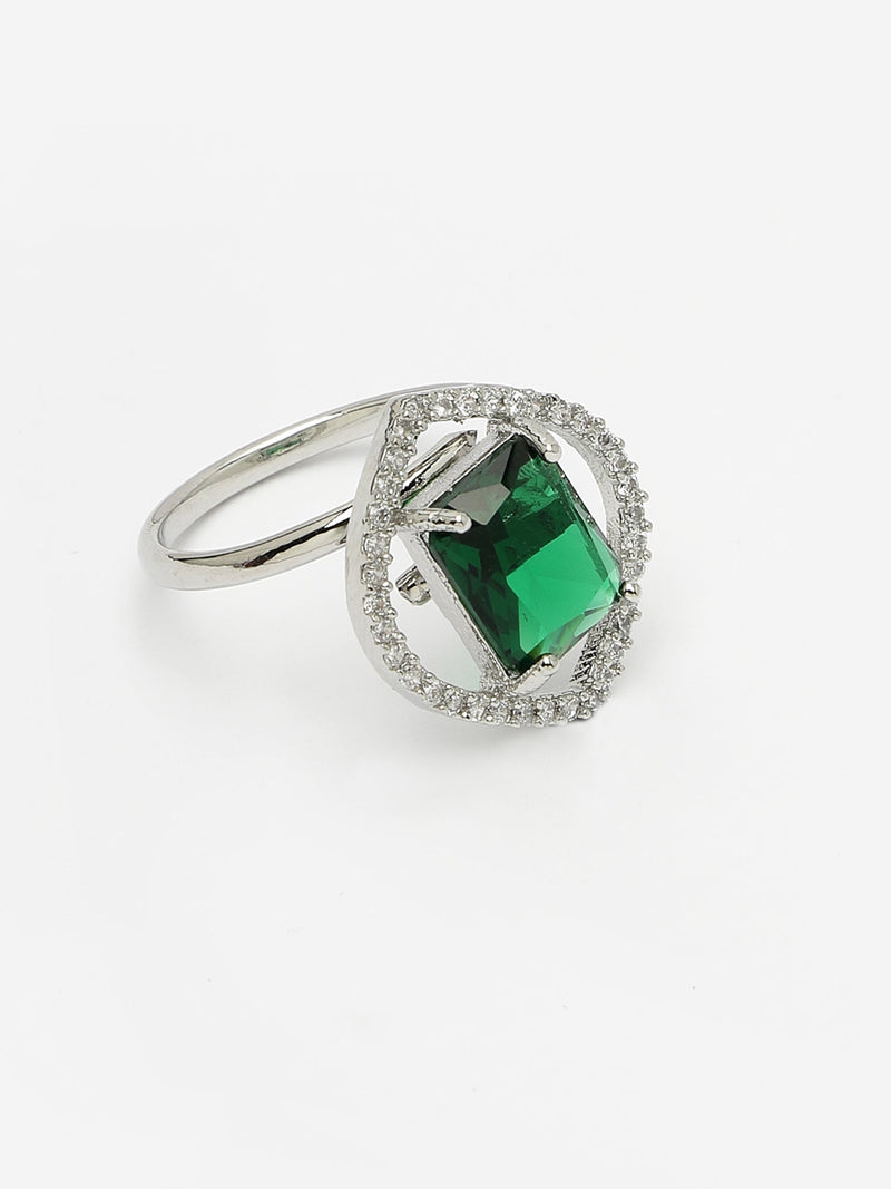 Rhodium Plated Silver Toned Green American Diamond Studded Pendant Combo With Ring