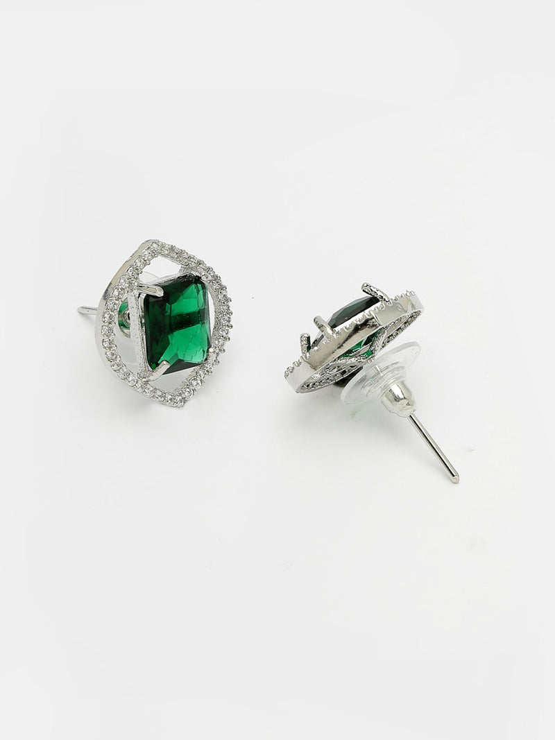 Rhodium Plated Silver Toned Green American Diamond Studded Pendant Combo With Ring