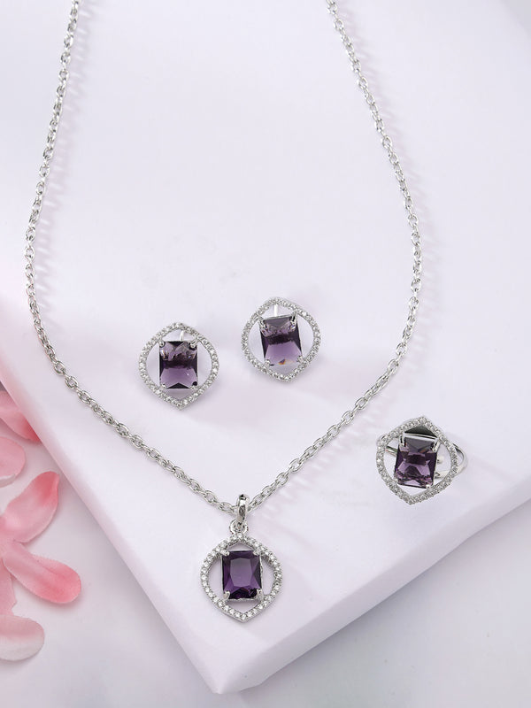 Rhodium Plated Silver Toned Violet American Diamond Studded Pendant Combo With Ring