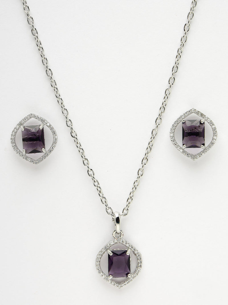 Rhodium Plated Silver Toned Violet American Diamond Studded Pendant Combo With Ring