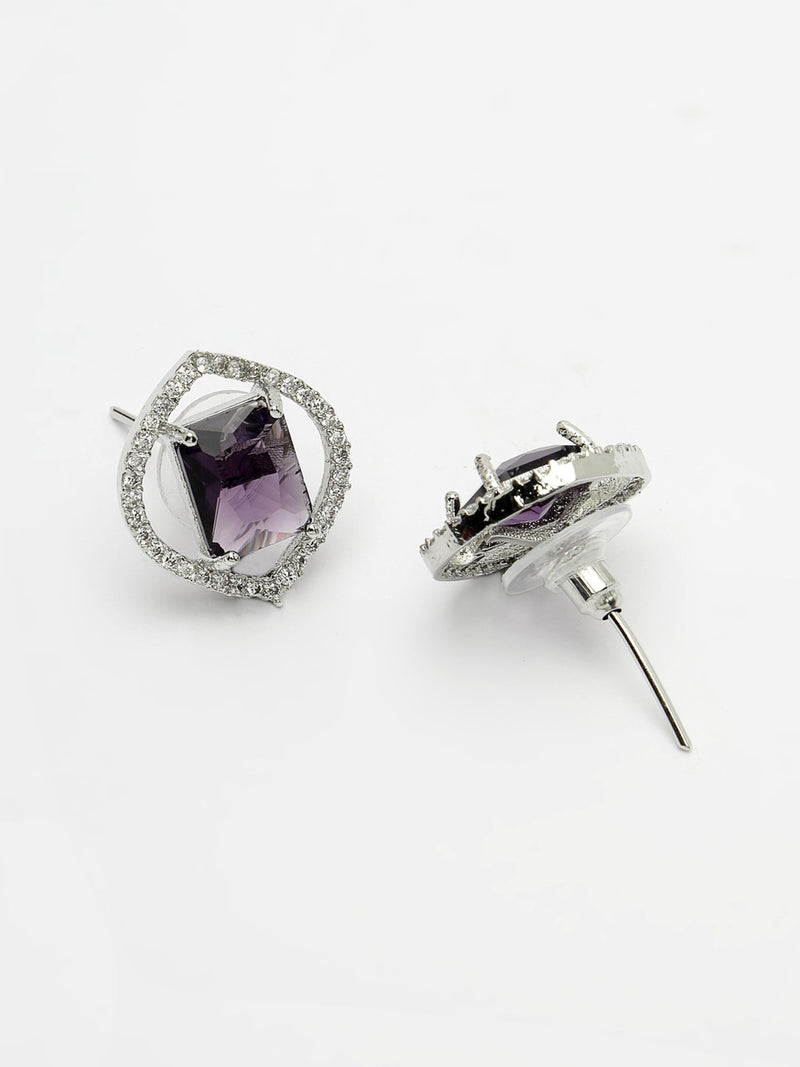 Rhodium Plated Silver Toned Violet American Diamond Studded Pendant Combo With Ring