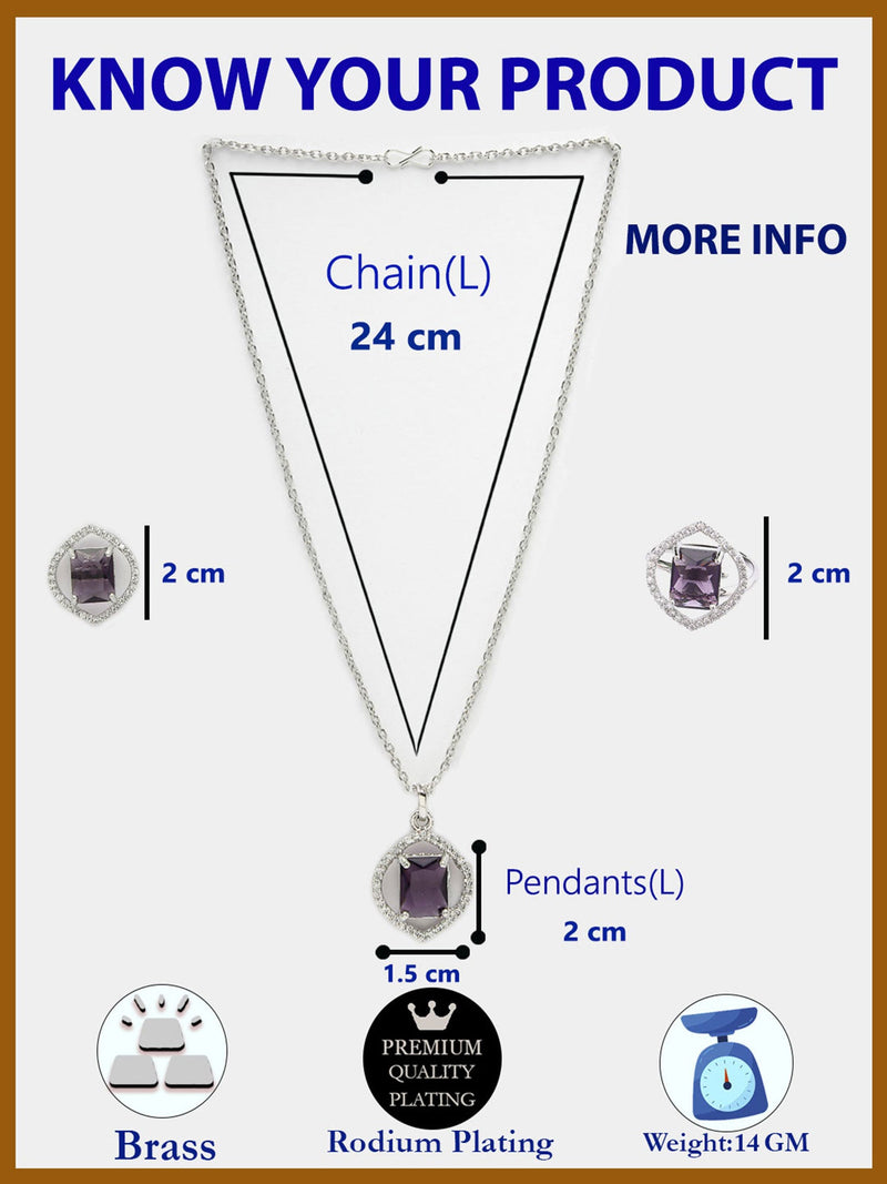 Rhodium Plated Silver Toned Violet American Diamond Studded Pendant Combo With Ring