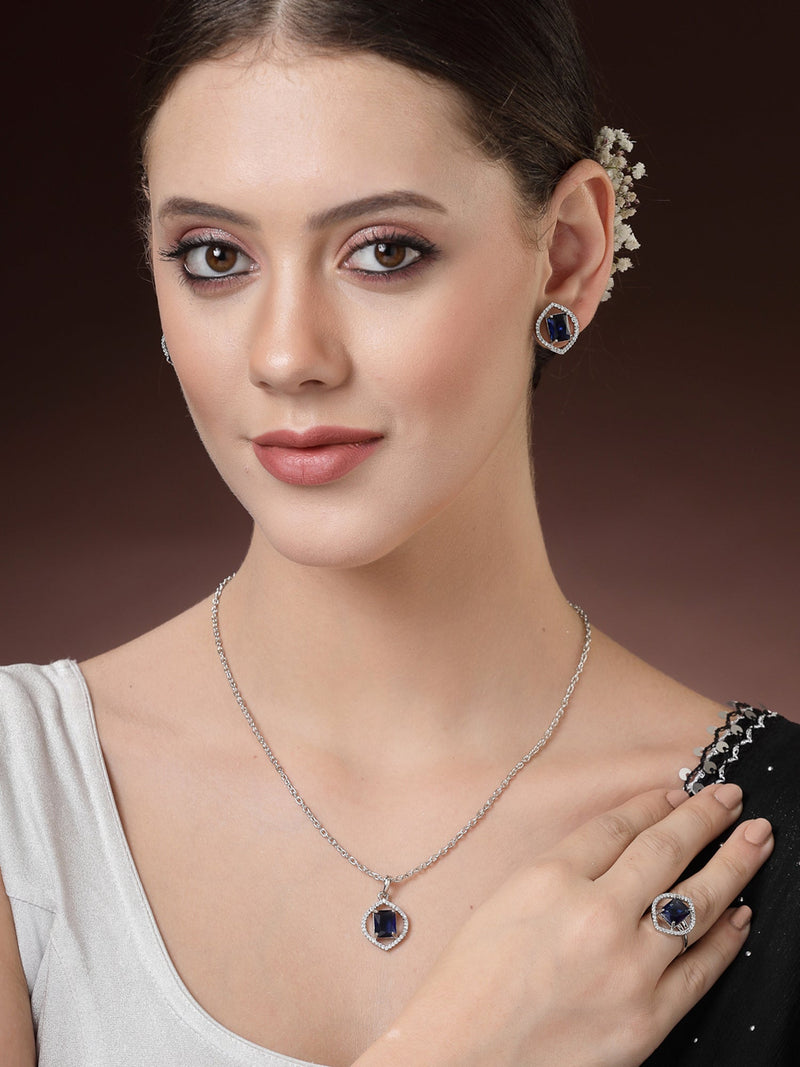 Rhodium Plated Silver Toned Royal Blue American Diamond Studded Pendant Combo With Ring