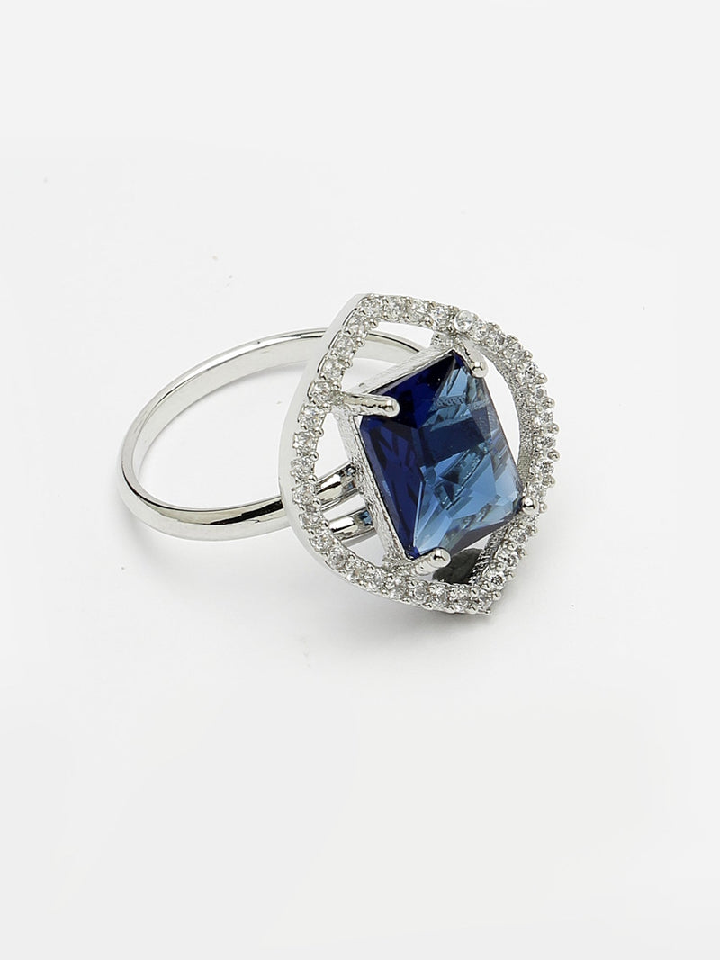 Rhodium Plated Silver Toned Royal Blue American Diamond Studded Pendant Combo With Ring